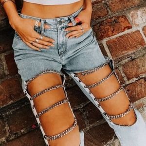Carmar Galexia Hermia Straight Leg Jeans Cut Out Chain Knee Light Wash Size 27